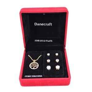 Danecraft Fine Gold Plate Tree of Life Necklace & Pierced‎ Earring x3 Gift Set